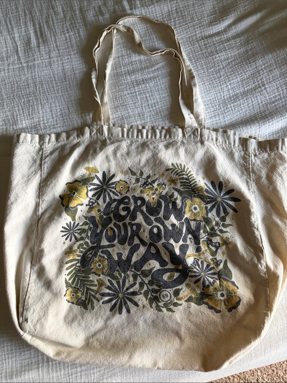 Canvas Tote Bag with 'Grow Your Own Way' Floral Print - Cream